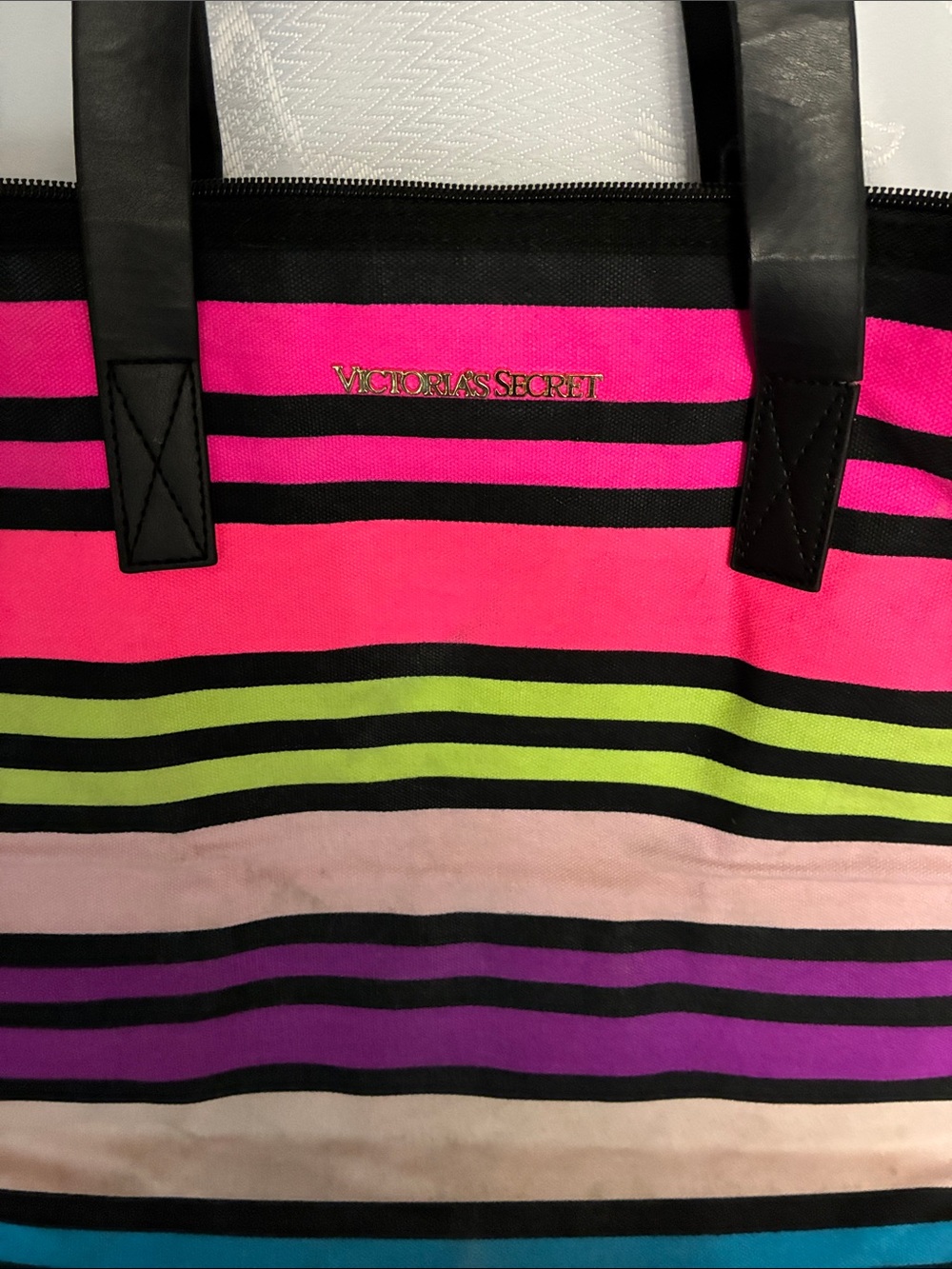 Victoria's Secret Neon Pink Multistripe Canvas Tote